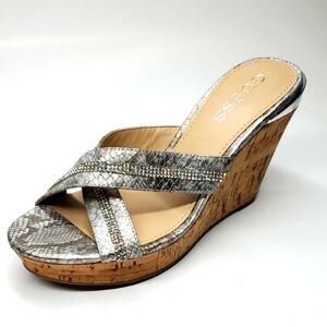 Guess Gray Bling Cork Snake Print Wedge Heeled Sandal 7M NWOT